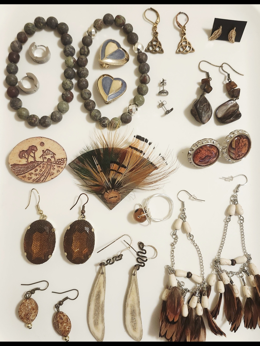 Boho Jewelry Lot - Wood, Bone, Feather And Shell - Vintage To Modern
